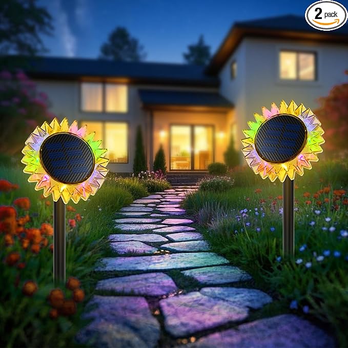 Outdoor Solar Lights, 2 Pack Led Solar Sunflower Lights, Stake/Wall 2-in-1 Waterproof Solar Garden Lights for Yard, Landscape, Fence, Patio, Driveway, Pathway, Backyard Decoration (Colourful)