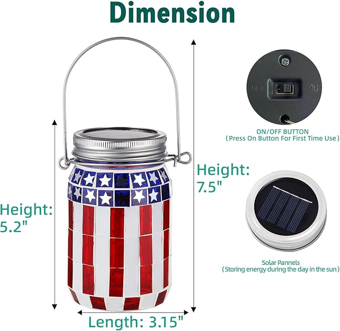 VOREEN 2 Pack Mosaic Solar Lanterns, Outdoor Glass Hanging Lights, Solar Table Lamps, Waterproof, American Flag Jar Lights Gifts, Patriotic Theme Decoration for Garden, Patio, Yard, Easter Gifts