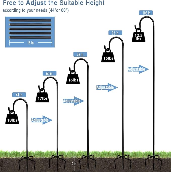 108 inch Outdoor Shepherd Hook with 5 Prong Base (2 Packs), Adjustable Heavy Duty Garden Hanging Stake for Bird Feeder Solar Light Plant Hanger Wedding Decor, Matte Black