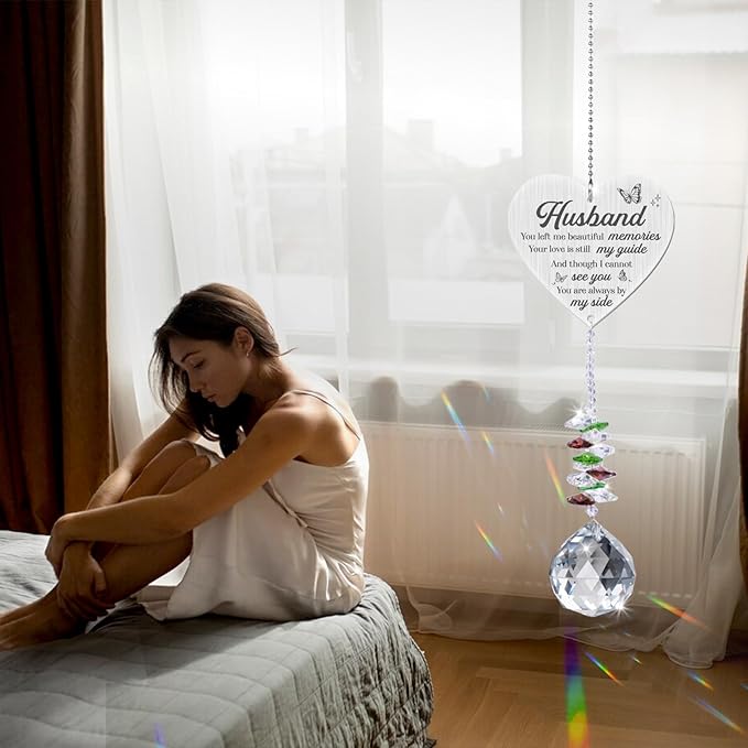Memorial Crystal Suncatcher,Memorial Gifts for Loss of Husband,Sympathy Gifts for Loss of Husband,Hanging Crystals Ornament for Window Rainbow Maker Prisms Home Decor Gift