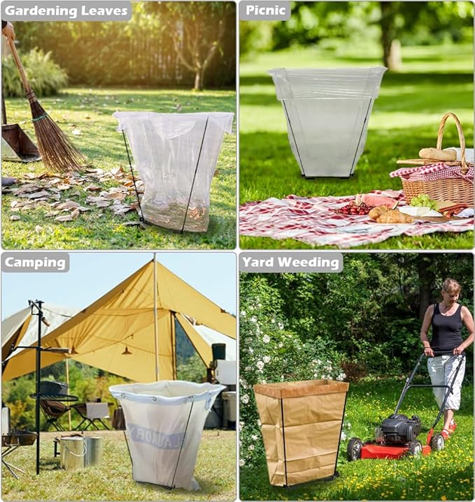 Garden Trash Bag Holder - Outdoor Leaf Bag Support Stand Multi-Use Metal Garbage Bag Holder Frame Holds 30-45 Gallons Bag for Camping Leaves Gardening Parties Yard Weeding (Black)