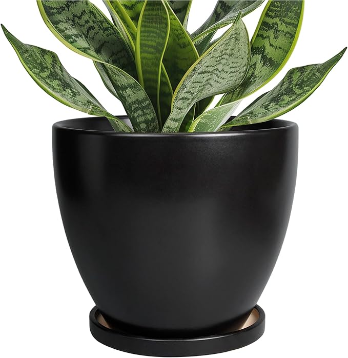 Ceramic Pots for Plants - 6 Inch Plant Pot with Drainage Hole and Saucer, Succulent Round Flower Planters for Indoor, Home Decor, Black