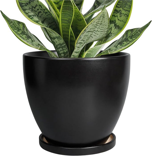 Ceramic Pots for Plants - 6 Inch Plant Pot with Drainage Hole and Saucer, Succulent Round Flower Planters for Indoor, Home Decor, Black