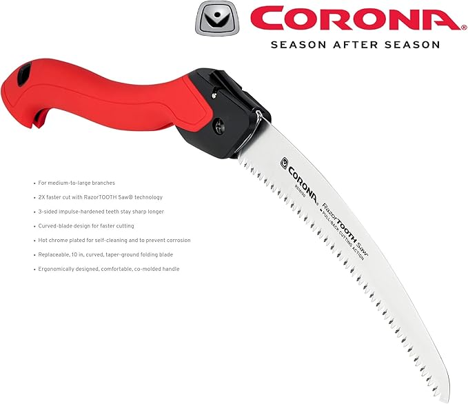 Corona Tools 10-Inch RazorTOOTH Folding Pruning Designed for Single Use | Curved Blade Hand Saw | Cuts Branches Up to 6" in Diameter | RS16150, Red