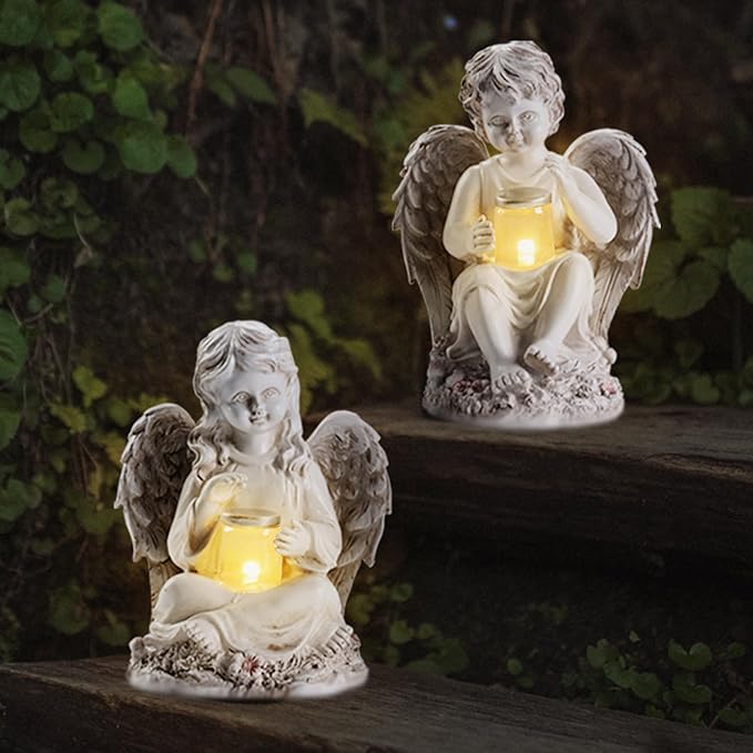 2 Pack Outdoor Angel Statue Garden Decor, Classic Solar Angel Figurine Decoration for Yard Art Indoor Porch Home Lawn Outside Light up Cherub Sculpture Guardian Wings Angel Memorial Gifts
