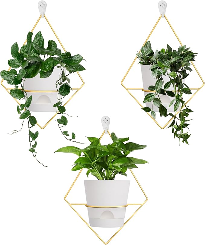 3 Sets of Wall Planters for Indoor Plants, Hanging Wall Planter with Gold Metal Holder, Geometric Self Watering Wall Flower Pots, Wall Mounted Succulent Planter, 5" White Plant Pot