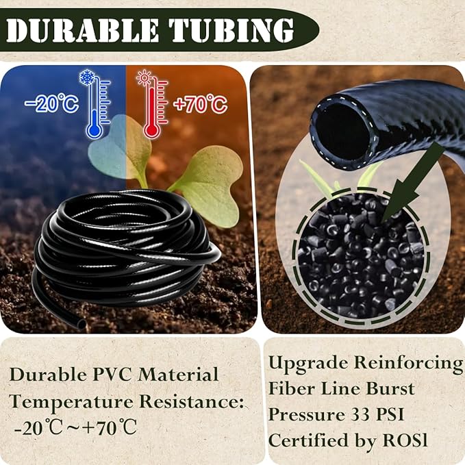 1/2in. Drip Irrigation Tubing - 50FT Drip Line Irrigation System Parts for Garden(Includes 1/2" Straight Connector,Switch Valves, T Connectors, 1/2" to 1/4" Tubing Reducers, Cable Zip Ties)