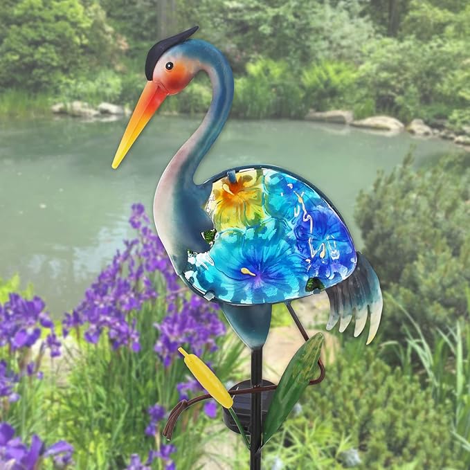 Heron Solar Garden Lights, Hand-Painted Glass Solar Garden Decor, Lawn Ornaments Solar Stake Lights Yard Art Solar Landscape Lights for Patio Lawn Yard Porch Decor