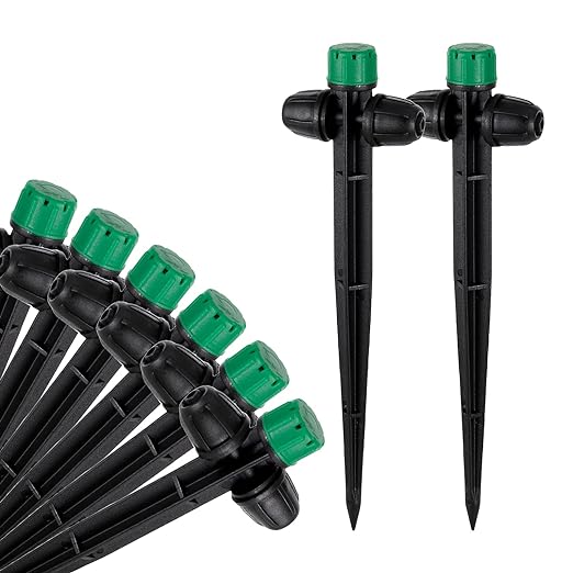 30pcs Drip Irrigation Emitters for 1/4" Drip Irrigation Tubing Adjustable 360 Degree Water Flow Drippers on 6.5" Sturdy Stake with Lock Barbed Irrigation Drippers for Watering System