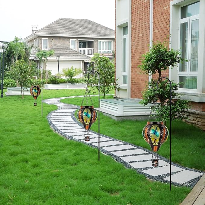 Dragonfly Solar Hot Air Balloon Lantern with Flame, Light Solar Outdoor Lantern Hanging Lanterns Decor for Garden Yard Patio, Dragonfly Gifts for Women Mom Grandmom