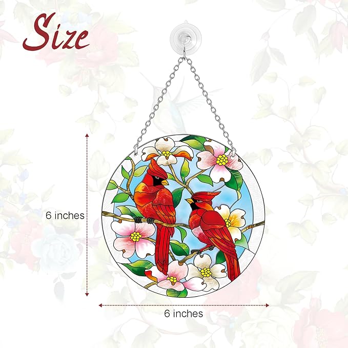 Cardinal Suncatcher Stained Glass, Cardinal Gifts for Women, Stained Glass Window Hanging - Red Birds Suncatchers for Windows, American Glass Hanging, Hand Painted Glass for Birds Lover (6inch)