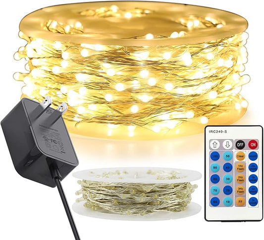 RUICHEN Warm White Dimmable Fairy Lights Plug in, 99 Ft 300 LED Twinkle String Lights with Remote, Waterproof Silver Wire Firefly Lights for Bedroom, Patio, Yard, Christmas, Wedding, Party