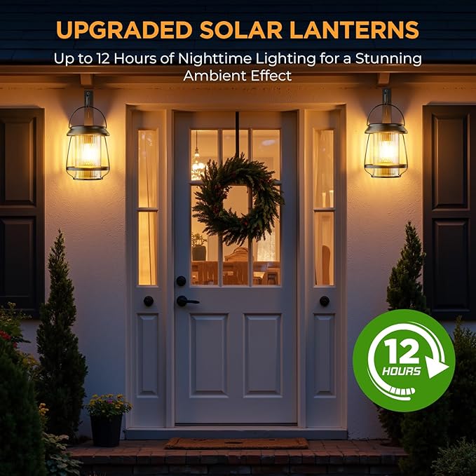 Solar Lanterns Outdoor Waterproof, Metal Hanging Solar Lights Outdoor with Hooks Wall Mount Kit, Solar Powered Lanterns for Garden Porch Patio Fence Decorative 4 Pack (Warm Light)