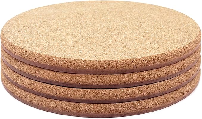 Cork Plant Coasters, Double Layers Hard Thick Cork Planter Coaster, 6 Inch Absorbent Cork Plant Mats, Cork Trivets for Hot Dishes, Cork Plant Coasters for House Plants, 4 Pcs