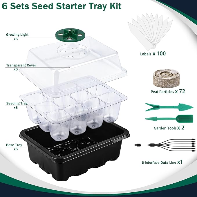 6 Pack Seed Starter Tray Kit with Grow Light and Humidity Dome Germination Trays with 72 Peat Pellets, Plant Labels, Gardening Tools, Plant Growing Trays for Seeds Growing Starting, Black