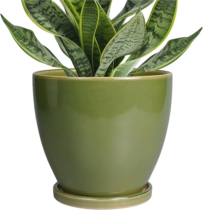 Ceramic Planters for Indoor Plants - 6 Inch Plant Pot with Drainage Hole and Saucer Round Modern Flower Pot Home Garden Patio Decor Green