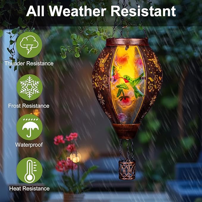 Hummingbird Hot Air Balloon Solar Lantern, Metal & Glass Flickering Flame Light Solar Lantern, Hanging Waterproof Solar Lanterns Outdoor for Garden Patio Tree Decoration