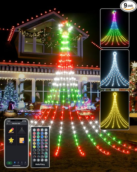 16.5FT Outdoor Christmas Decorations Tree Lights for Yard, Dynamic Star String Lights Waterfall App Control Color Changing Music Timer, Christams Lights Plug in 245 LEDs for Outside Xmas Home Decor