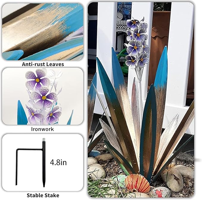 Metal Agave Plant Garden Art, 2 Pack Tequila Rustic Sculpture, Rustic Metal Agave Plants Lawn Home Ornaments, for Yard Stakes, Garden Figurines, Outdoor Patio (2 PCS Purple Flowers)