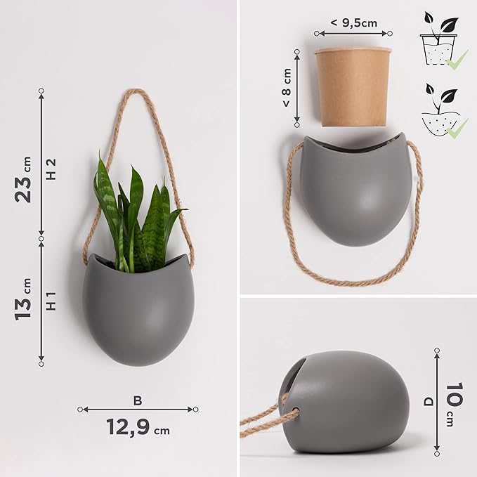 Wall Planters -Ellie- | Hanging Ceramic Plant Pots 3 Pieces | Wall Decoration for Indoors, Balcony and Garden | Grey (Matte)
