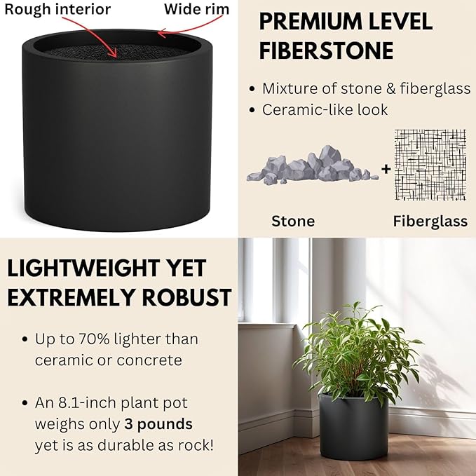 Fox & Fern 8 Inch Black Plant Pot with Drainage Plug — Premium Lightweight Fiberstone Matte Black Planter; 8 Inch Pots for Plants; for Indoor & Outdoor Use; Weather Resistant & UV Resistant