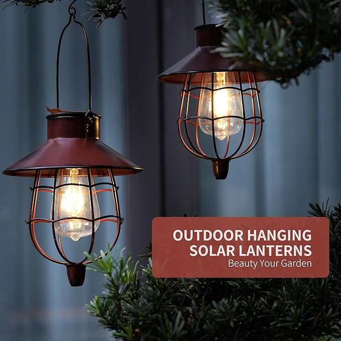 Solar Hanging Lantern Outdoor Waterproof Solar Lanterns Hanging Lights for Outside with Bright Warm White Light for Garden Patio Yard Pathway 2 Pack(Red)