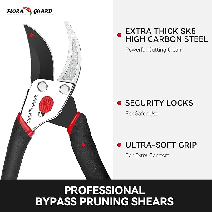 Flora Guard Garden Shears 8.5" Bypass Pruning Shears, Professional Ultra Sharp Sk5 Steel Garden Clippers, Heavy Duty Plant Cutting Scissors Garden Tools Supplies, Hedge Branch Trimmer, Super Durable