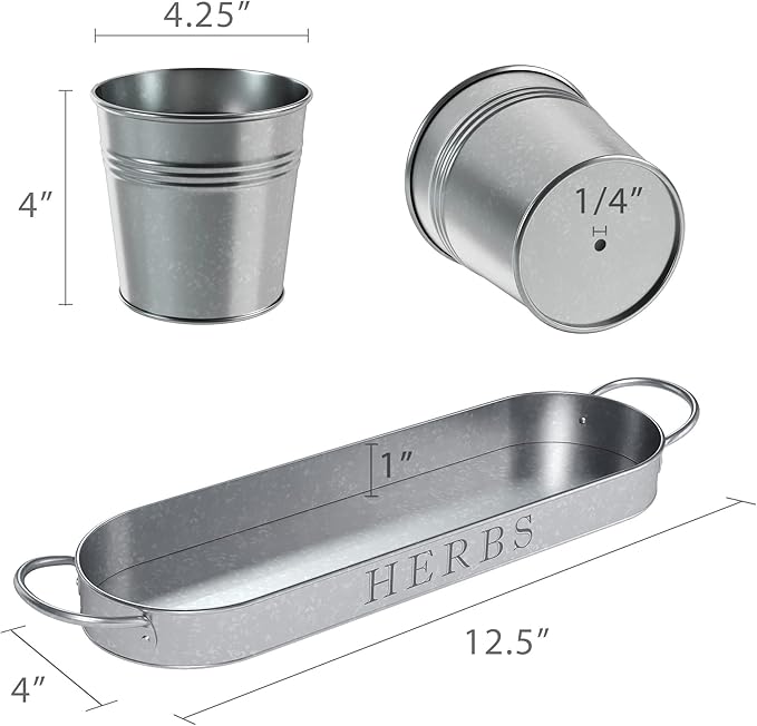 Barnyard Designs Indoor Herb Garden Planter Set with Tray, Metal Windowsill Plant Pots with Drainage for Outdoor or Indoor Plants, Set/3 (Galvanized)