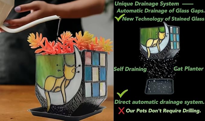 Tiffany Stained Glass Fun Moon Sleeping Cat Planter，Orange Sleeping Cat Cactus Planter，Cute Planters for Indoor Plants,Decorative Flower Pots As Gifts for Cat Lovers，4.6x3x5.15 in