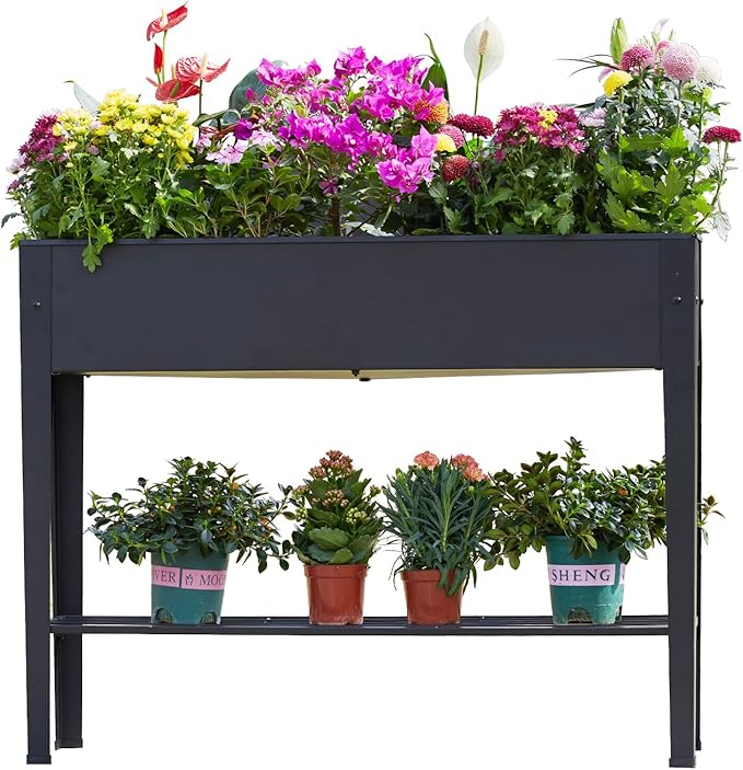 Raised Garden Bed, Elevated Planter Black Metal Plant Box with Legs Standing Garden Stand Drainage Holes Black (Black 40" L x 11" W x 31" H)