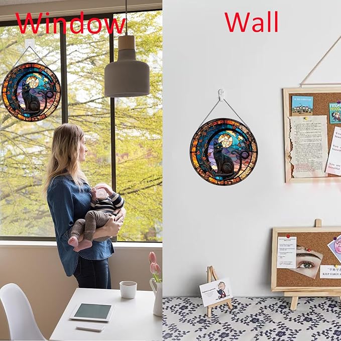 Black Cat Stained Glass Window Hangings,Suncatcher Stained Glass for Windows for Cat Lovers,20cm/7.87inch Hand-Painted Sun Catcher Garden Hangings Halloween Fall Christmas Decor for Home