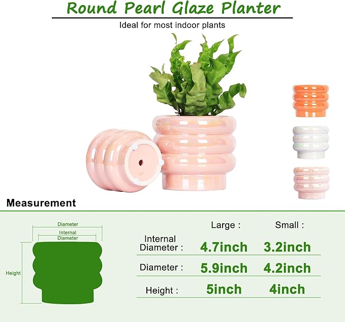 5.7 Inch +4.1 inch 2 pcs Ceramic Plant Pots for Indoor Plants, Rainbow Pearl Glaze Planter with Planters for Plants with Drainage Hole, Orchid Pots, Succulent Pot, Flower Pot (Pink)