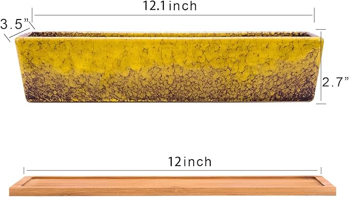 ARTKETTY Succulent Pots - 12.1 Inch Large Succulent Planters Pots with Drainage Tray, Long Rectangle Ceramic Pots for Indoor Cactus/Succulent Plants Shallow Bonsai Window Box for Home Garden Decor