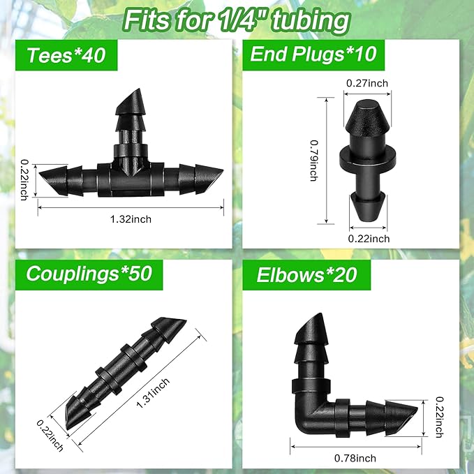 120 Pack Drip Irrigation Fittings Kit - Barbed Connectors for 1/4" Tubing,Includes 50 Couplings,40 Tees, 20 Elbows and 10 End Plugs for Drip or Sprinkler Systems