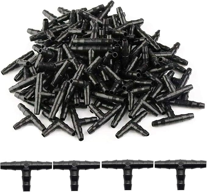 100pcs 1/4" Universal Barbed Tee Fittings, Kalolary Barbed Connectors Drip Irrigation for 1/4 Inch Water Hose Connectors 4mm/7mm Water Tube Drip Irrigation Watering System