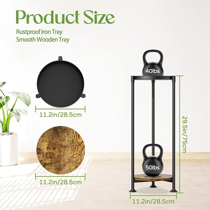 iDavosic.ly 2 Tier Corner Plant Stand Indoor, 30 Inch Tall Vertical Metal Flower Heavy Duty Pot Holder Shelf Outdoor for Patio Porch Living Room, Modern Black & Rustic Brown - Round