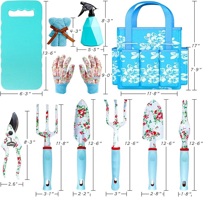 Gardening Tools Set WANCHI 11 Piece Heavy Duty Floral Garden Tool Set Gardening Gifts for Women Men Birthday Rust-Proof Aluminum Gardening Hand Tools Gardening Kit with Storage Tote Bag Organizer.
