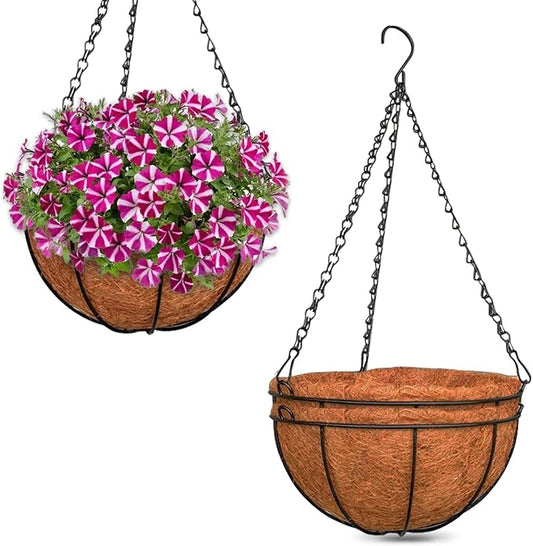 ZeeDix 3 Pack 10 Inch Metal Round Hanging Planter Basket with Coconut Liners Replacement, Hanging planters Baskets with Natural Coco Liner for Outdoor Indoor Planters Flowers Vegetables