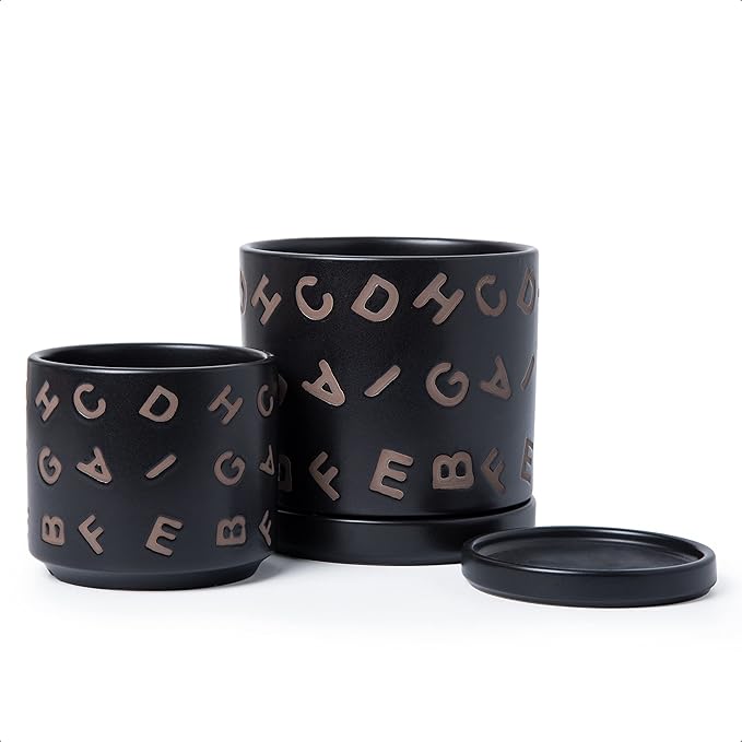 D'vine Dev Set of 2 Ceramic Planter Pots with Drainage Hole and Saucer, 4.5 Inch 6 Inch Plant Pots for Plants Indoor Houseplants, Black, 99-G-2