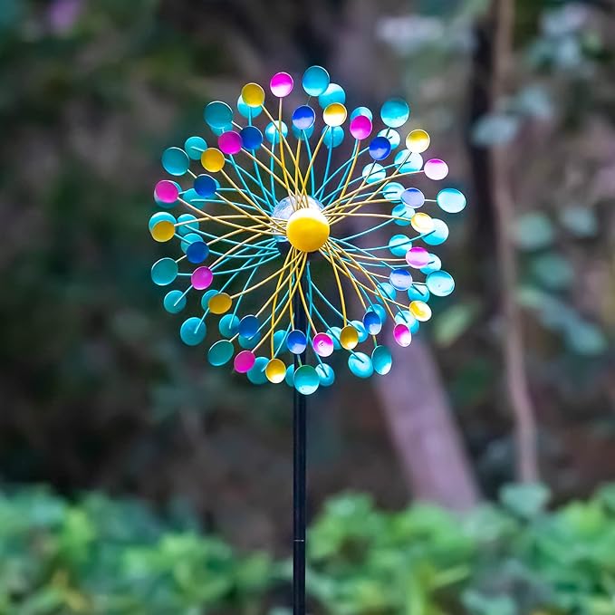 Solar Wind Spinners for Yard and Garden- 58.2 Inch Metal Wind Sculptures Outdoor Clearance Kinetic Windmills with Multi Color Led Glass Ball (Polka Dots)