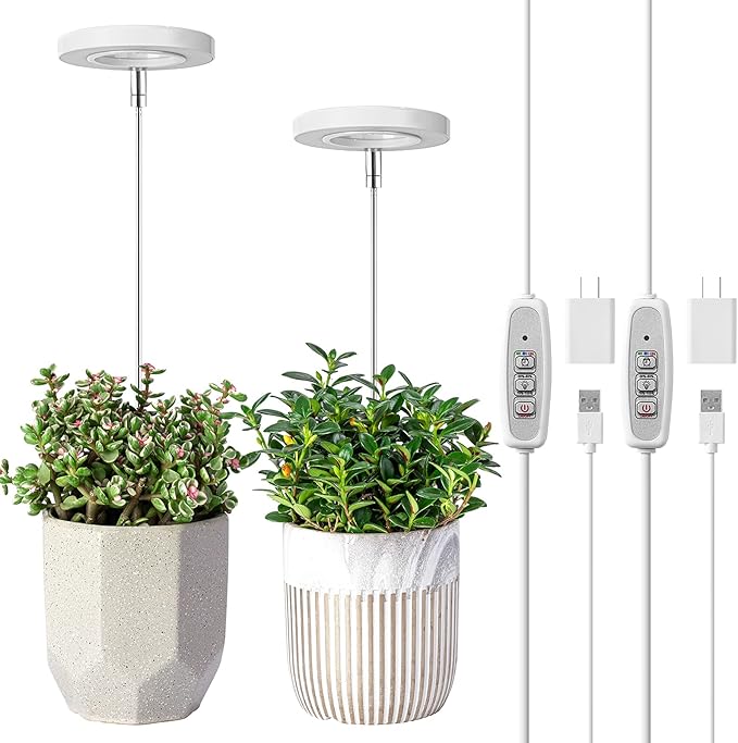 LORDEM Grow Light, Full Spectrum LED Plant Light for Indoor Plants, Height Adjustable Growing Lamp with Auto On/Off Timer 4/8/12H, 4 Dimmable Brightness, Ideal for Small Plants, 2 Packs