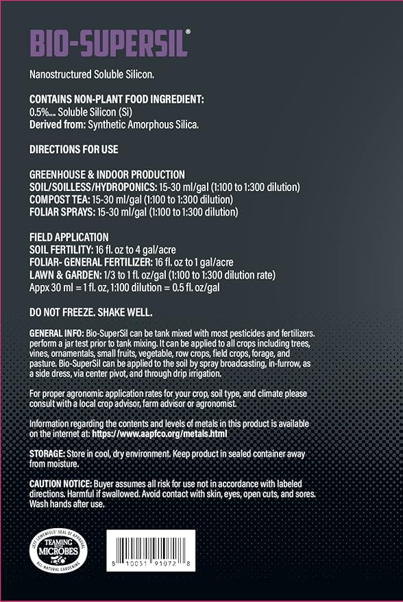 Bio-SuperSil Soluble Silicon Fertilizer (1 Gallon) for Plant Growth Soil Health nanostructured Silica hydroponic Gardening Fertilizer Organic