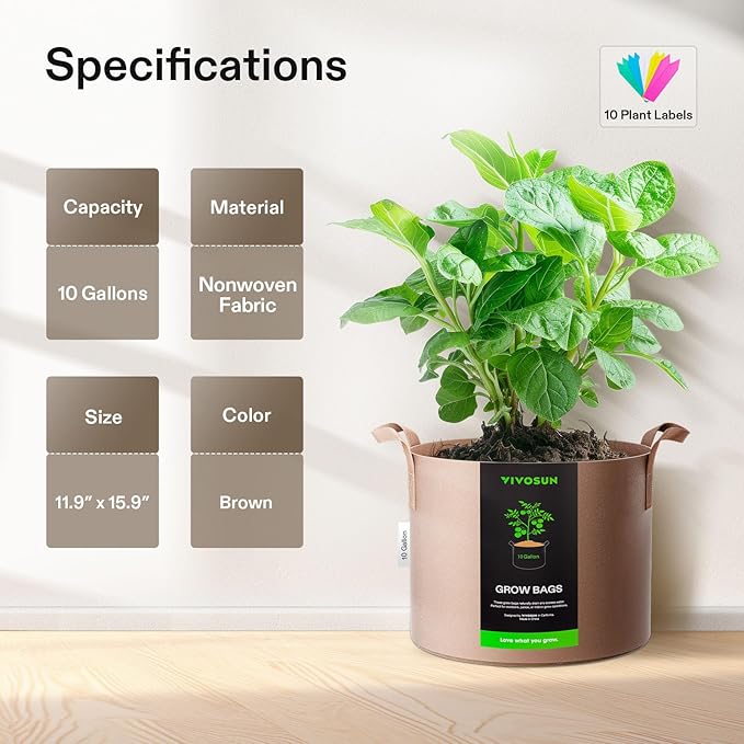 VIVOSUN 5-Pack 10 Gallons Grow Bags Heavy Duty Thickened Nonwoven Fabric Pots with Strap Handles Tan