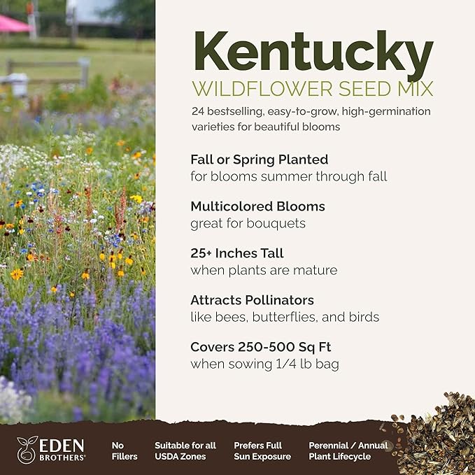 Eden Brothers Kentucky Wildflower Mixed Seeds for Planting, 1/4 lb, 120,000+ Seeds with Black Eyed Susan, Cosmos | Attracts Pollinators, Plant in Spring or Fall, Zones