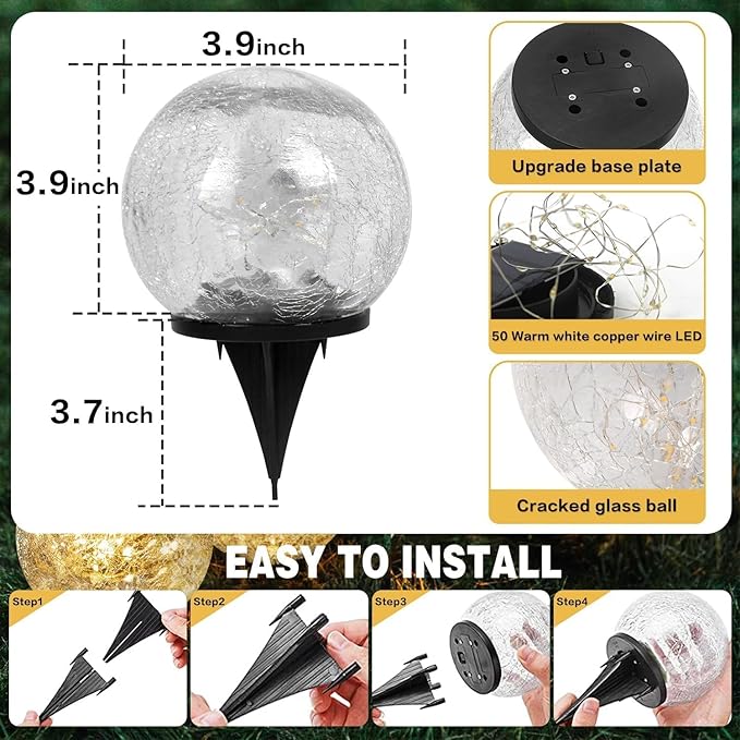 Solar Garden Lights Outdoor Waterproof, 6 Pack Cracked Glass Ball Light, Ground Landscape Garden Decor, Solar Globe Decorative for Pathway/Patio/Lawn/Yard (Multicolor, 3.9")