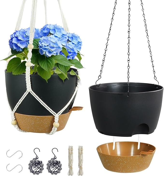 Self Watering Hanging Planters 10 inch, 2 Pack Hanging Flower Pots for Indoor Outdoor Plants, Hanging Baskets with Drainage Holes & 2 Kinds of Plant Hangers for Garden Home Decor, Black Brown