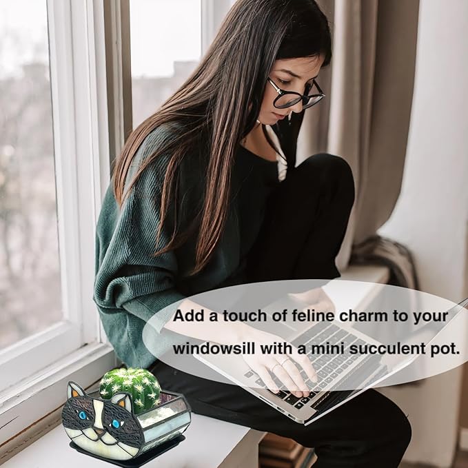 Cactus Black Cat Planter, Cute Small Stained Glass Cat Planter，Cat Terrarium Planter for Tabletop Houseplants，Gifts for Cat Lovers 4.33x3.54x2.95 in (Flower Pot Does not Include Plants)