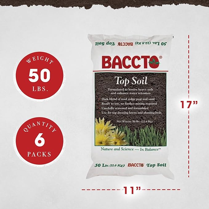 1550P Baccto Top Soil for Lawns, Gardens, and Raised Planting Beds with Reed Sedge, Peat, and Sand, 50 Pounds (6 Pack)
