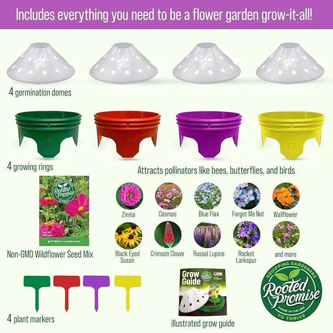 Butterfly Garden Kit with Grow Rings, Greenhouse Germination Domes, Seeds, Markers, Instructions – Gardening Gift for Mom, Teachers, Women, and Men – Made in USA