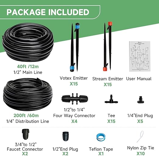 240FT Drip Irrigation System Kit, Automatic Garden Watering System for Plant, Greenhouse, Yard, Lawn, with 1/2 inch 1/4 inch Irrigation Tubing Hose and Accessories